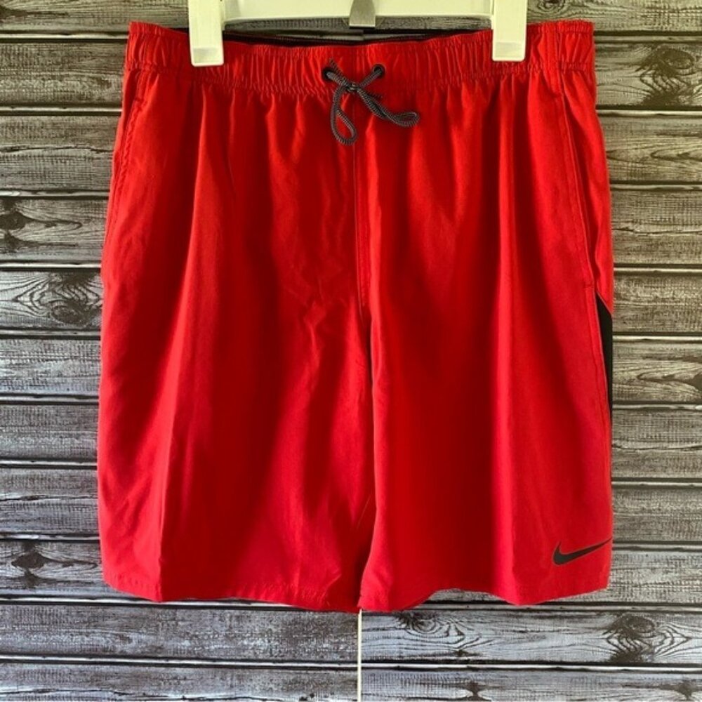 Nike‎ Men's Swim Trunks Size L Red Black Drawstring Waist Pockets Logo